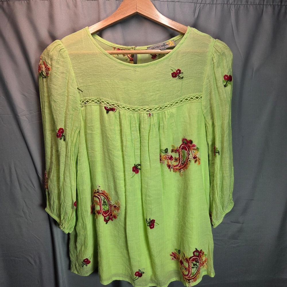 Figueroa‎ & Flower Lime Green Embroidered Boho Blouse Size M Women's Top